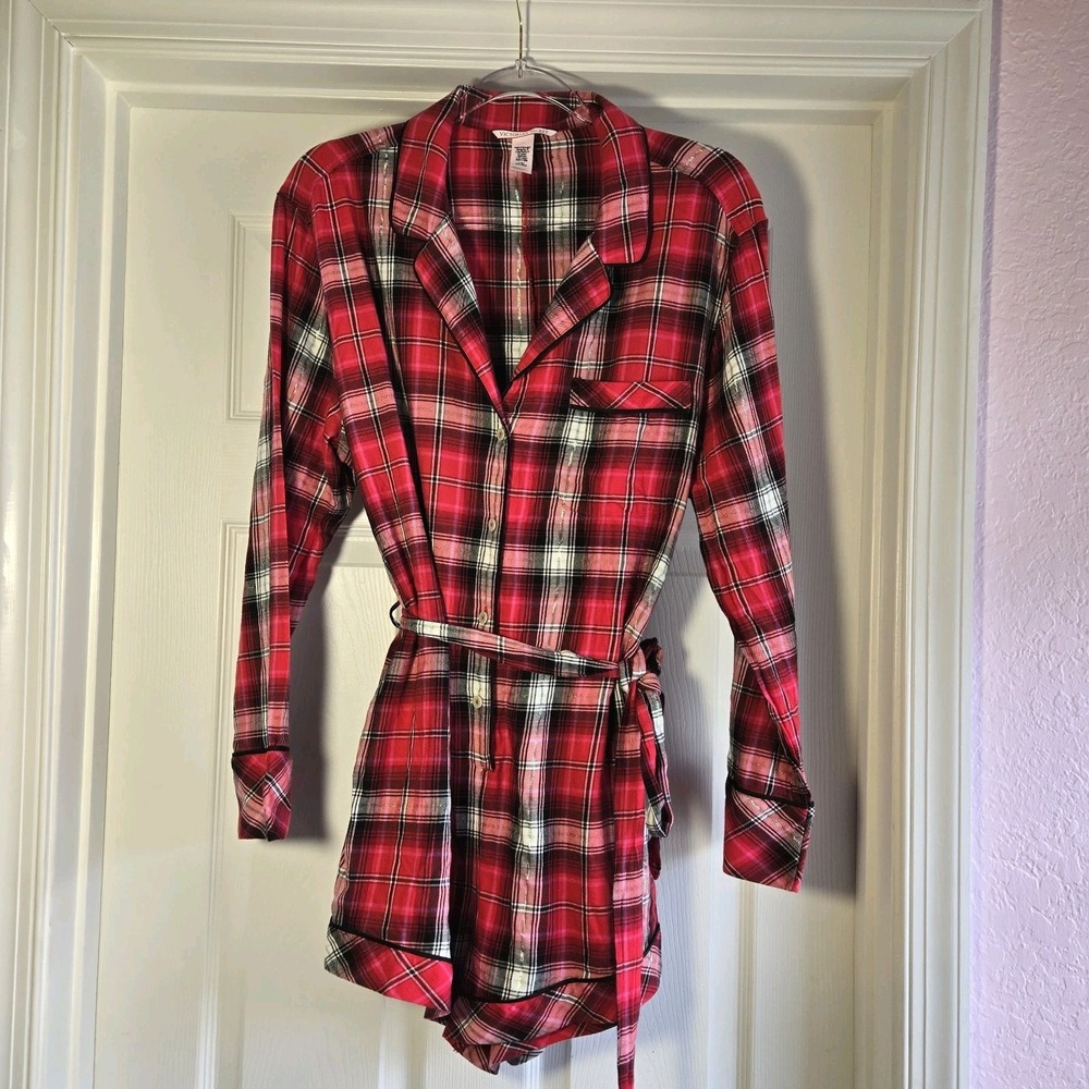 Victoria's Secret Shorts Romper Pajamas Plaid Red‎ Pink Size L Button Front